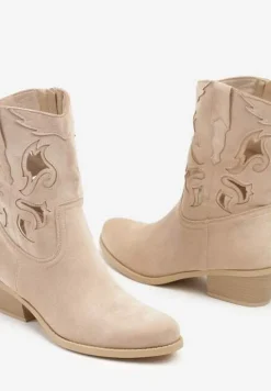Beżowe Ażurowe Botki na Stożku w Stylu Kowbojek Felenora