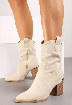 Beżowe Ażurowe Botki na Słupku w Kowbojskim Stylu Mevith
