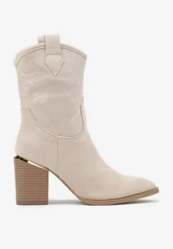 Beżowe Ażurowe Botki na Słupku w Kowbojskim Stylu Mevith