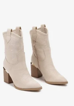Beżowe Ażurowe Botki na Słupku w Kowbojskim Stylu Mevith