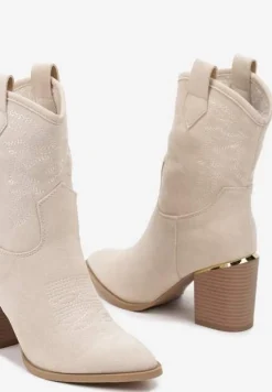 Beżowe Ażurowe Botki na Słupku w Kowbojskim Stylu Mevith