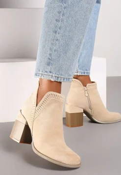 Beżowe Ażurowe Botki na Słupku Neveli