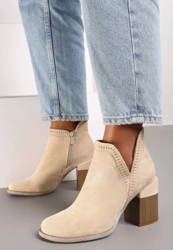 Beżowe Ażurowe Botki na Słupku Neveli