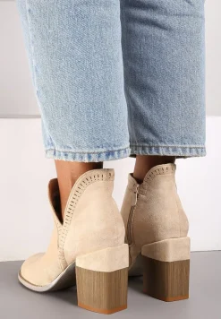 Beżowe Ażurowe Botki na Słupku Neveli