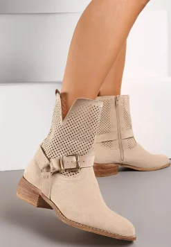 Beżowe Ażurowe Botki Typu Biker z Ekozamszu z Ozdobnymi Sprzączkami Gresisa