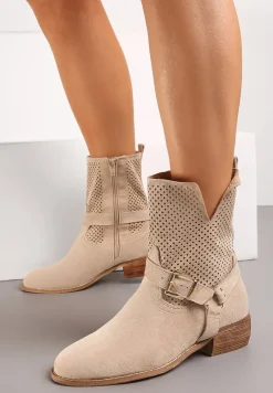 Beżowe Ażurowe Botki Typu Biker z Ekozamszu z Ozdobnymi Sprzączkami Gresisa