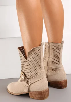 Beżowe Ażurowe Botki Typu Biker z Ekozamszu z Ozdobnymi Sprzączkami Gresisa