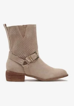 Beżowe Ażurowe Botki Typu Biker z Ekozamszu z Ozdobnymi Sprzączkami Gresisa