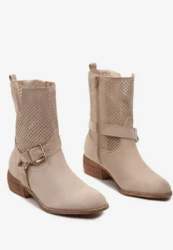 Beżowe Ażurowe Botki Typu Biker z Ekozamszu z Ozdobnymi Sprzączkami Gresisa