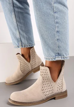 Beżowe Ażurowe Botki w Stylu Sztybletów z Wycięciem z Boku i Skórzaną Wkładką Bralena