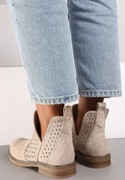 Beżowe Ażurowe Botki w Stylu Sztybletów z Wycięciem z Boku i Skórzaną Wkładką Bralena