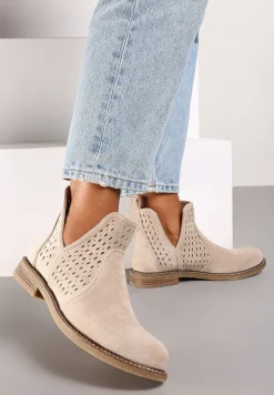 Beżowe Ażurowe Botki w Stylu Sztybletów z Wycięciem z Boku i Skórzaną Wkładką Bralena