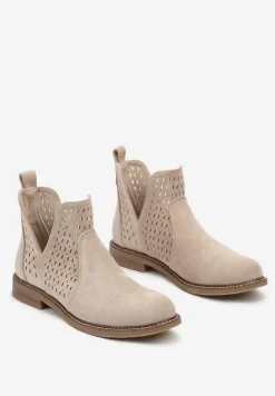Beżowe Ażurowe Botki w Stylu Sztybletów z Wycięciem z Boku i Skórzaną Wkładką Bralena