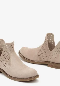 Beżowe Ażurowe Botki w Stylu Sztybletów z Wycięciem z Boku i Skórzaną Wkładką Bralena