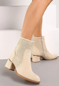 Beżowe Ażurowe Botki z Metaliczną Wstawką na Słupku Irvelame