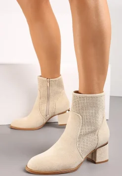 Beżowe Ażurowe Botki z Metaliczną Wstawką na Słupku Irvelame