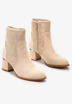 Beżowe Ażurowe Botki z Metaliczną Wstawką na Słupku Irvelame