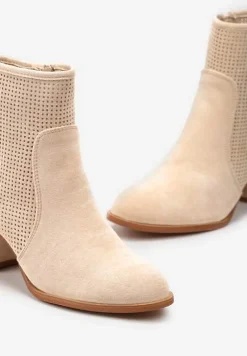 Beżowe Ażurowe Botki z Metaliczną Wstawką na Słupku Irvelame