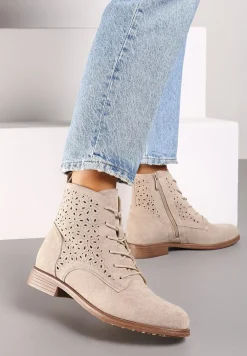 Beżowe Ażurowe Botki ze Sznurowaniem i Suwakiem Lerinels