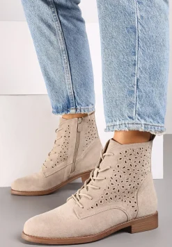 Beżowe Ażurowe Botki ze Sznurowaniem i Suwakiem Lerinels