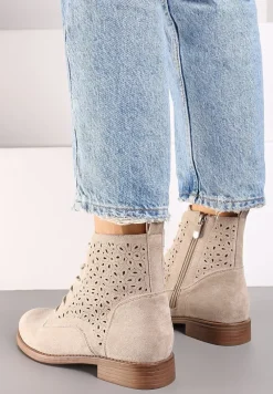 Beżowe Ażurowe Botki ze Sznurowaniem i Suwakiem Lerinels