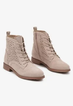 Beżowe Ażurowe Botki ze Sznurowaniem i Suwakiem Lerinels