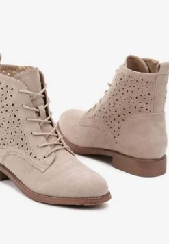 Beżowe Ażurowe Botki ze Sznurowaniem i Suwakiem Lerinels