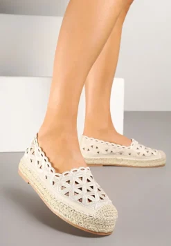 Beżowe Ażurowe Espadryle na Płaskiej Plecionej Podeszwie Sepanisse