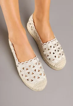 Beżowe Ażurowe Espadryle na Płaskiej Plecionej Podeszwie Sepanisse