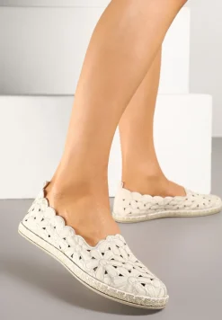 Beżowe Ażurowe Espadryle w Kwiatowy Wzór Zdobione Przeszyciem Zolkio