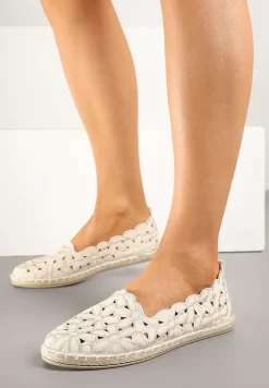 Beżowe Ażurowe Espadryle w Kwiatowy Wzór Zdobione Przeszyciem Zolkio