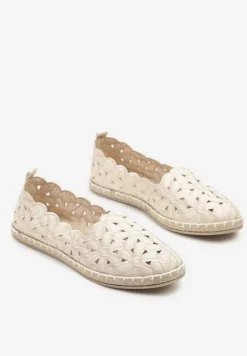 Beżowe Ażurowe Espadryle w Kwiatowy Wzór Zdobione Przeszyciem Zolkio
