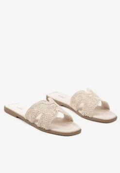 Beżowe Ażurowe Klapki na Płaskiej Podeszwie w Stylu Boho Gilaria