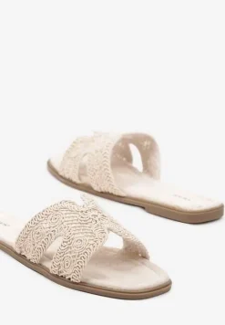 Beżowe Ażurowe Klapki na Płaskiej Podeszwie w Stylu Boho Gilaria