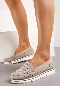 Beżowe Ażurowe Mokasyny Casual z Wkładką ze Skóry Naturalnej Marra