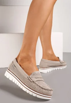 Beżowe Ażurowe Mokasyny Casual z Wkładką ze Skóry Naturalnej Marra