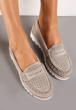 Beżowe Ażurowe Mokasyny Casual z Wkładką ze Skóry Naturalnej Marra