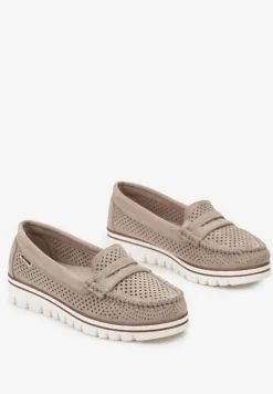 Beżowe Ażurowe Mokasyny Casual z Wkładką ze Skóry Naturalnej Marra