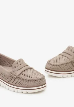 Beżowe Ażurowe Mokasyny Casual z Wkładką ze Skóry Naturalnej Marra