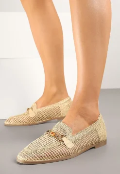Beżowe Ażurowe Mokasyny Loafersy z Klamrą Koliswena