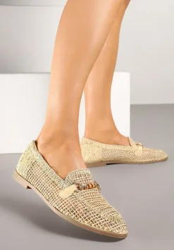Beżowe Ażurowe Mokasyny Loafersy z Klamrą Koliswena