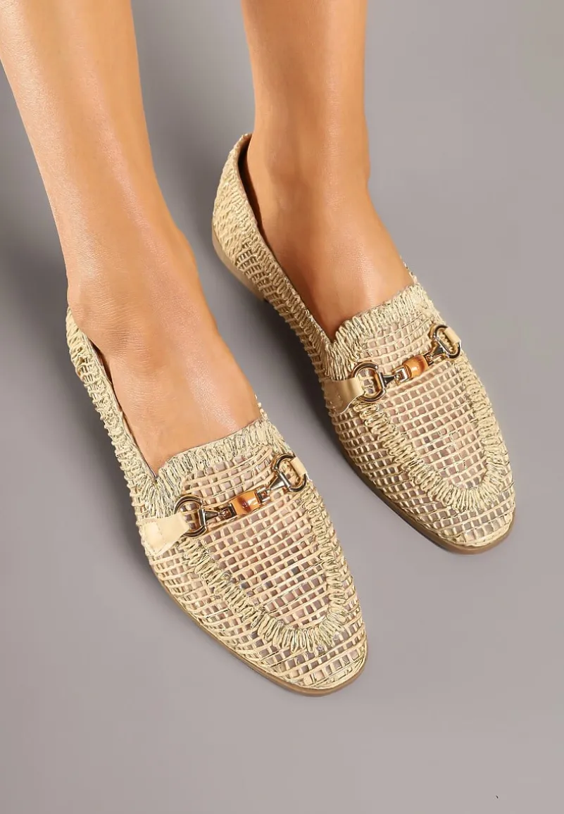 Beżowe Ażurowe Mokasyny Loafersy z Klamrą Koliswena