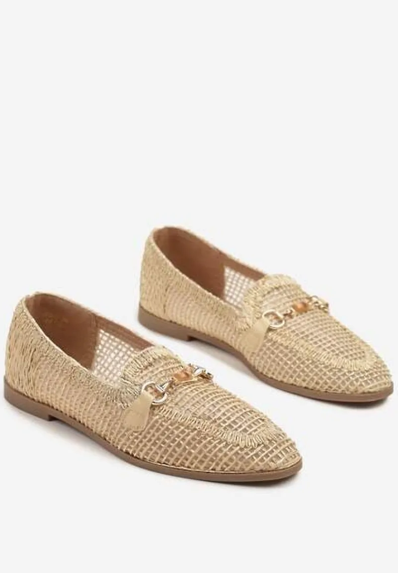 Beżowe Ażurowe Mokasyny Loafersy z Klamrą Koliswena