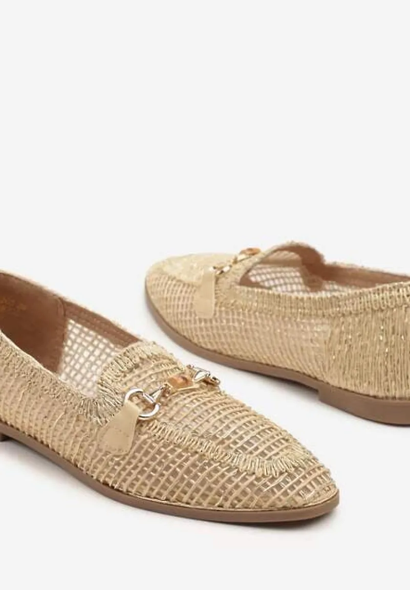 Beżowe Ażurowe Mokasyny Loafersy z Klamrą Koliswena