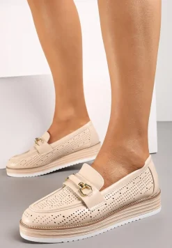 Beżowe Ażurowe Półbuty z Minimalistyczną Klamerką Narielle