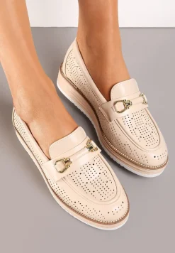 Beżowe Ażurowe Półbuty z Minimalistyczną Klamerką Narielle