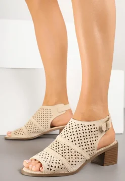 Beżowe Ażurowe Sandały Botki na Słupkowym Obcasie z Odkrytym Noskiem Lanariel