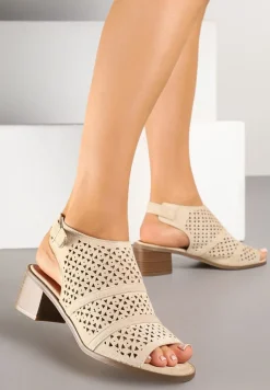 Beżowe Ażurowe Sandały Botki na Słupkowym Obcasie z Odkrytym Noskiem Lanariel