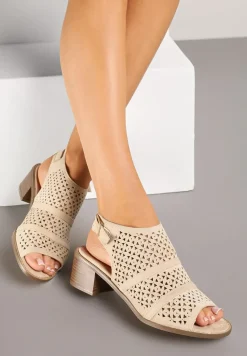 Beżowe Ażurowe Sandały Botki na Słupkowym Obcasie z Odkrytym Noskiem Lanariel
