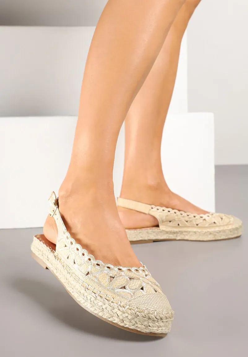 Beżowe Ażurowe Sandały Espadryle z Odkrytą Piętą i Plecioną Podeszwą Eriluna